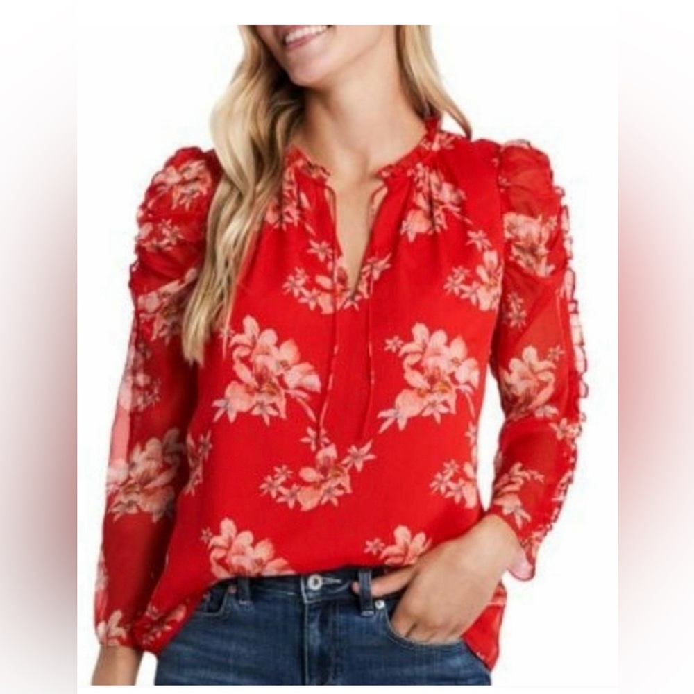 CeCe Cherry Rose Lava Red Floral
Print Blouse Sheer Sleeves M
